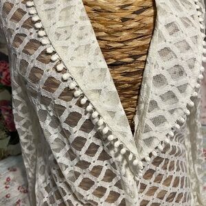 White Lace Vintage Jacket with Pom Pom Trim